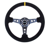 NRG Reinforced 350mm Sport 3" Deep Dish Steering Wheel - Black Hole Spoke/Black Suede/Black Stitch w/Yellow Stripe