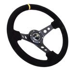 NRG Reinforced 350mm Sport 3" Deep Dish Steering Wheel - Black Hole Spoke/Black Suede/Black Stitch w/Yellow Stripe