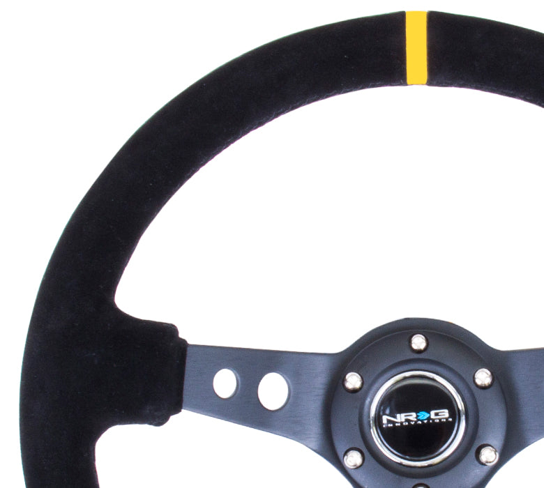 NRG Reinforced 350mm Sport 3" Deep Dish Steering Wheel - Black Hole Spoke/Black Suede/Black Stitch w/Yellow Stripe